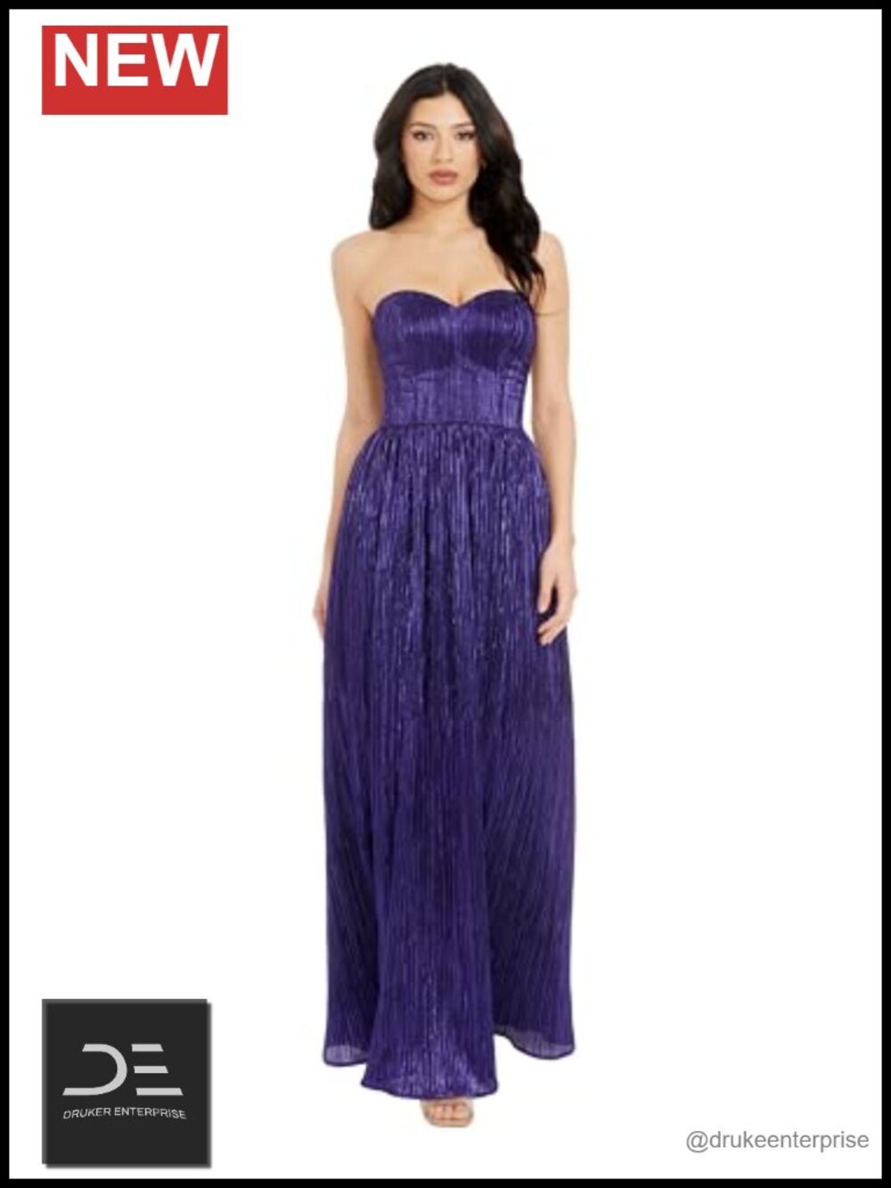 Metallic Pleated Fit and Flare Midi Dress Strapless Cocktail Party